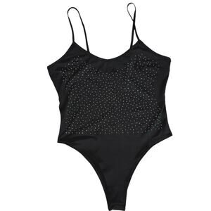 Womens Black Crystal Embellished Bodysuit Tank Large Party Club NYE Glam Holiday